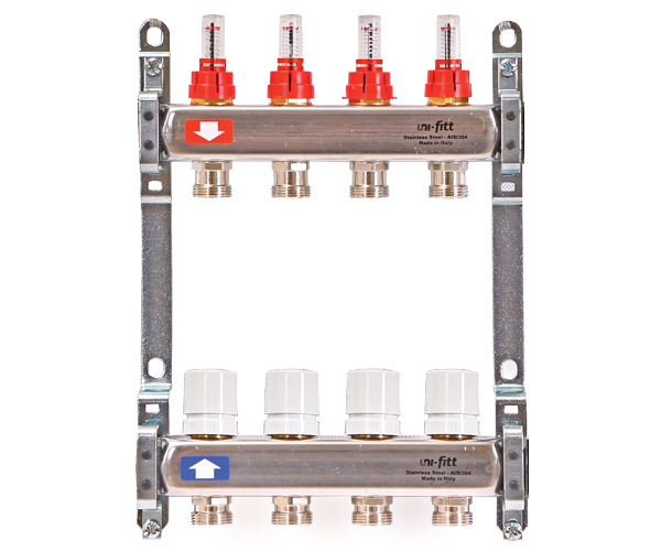 Коллекторная группа из нержавеющей стали с расходомерами и термостатическими вентилями